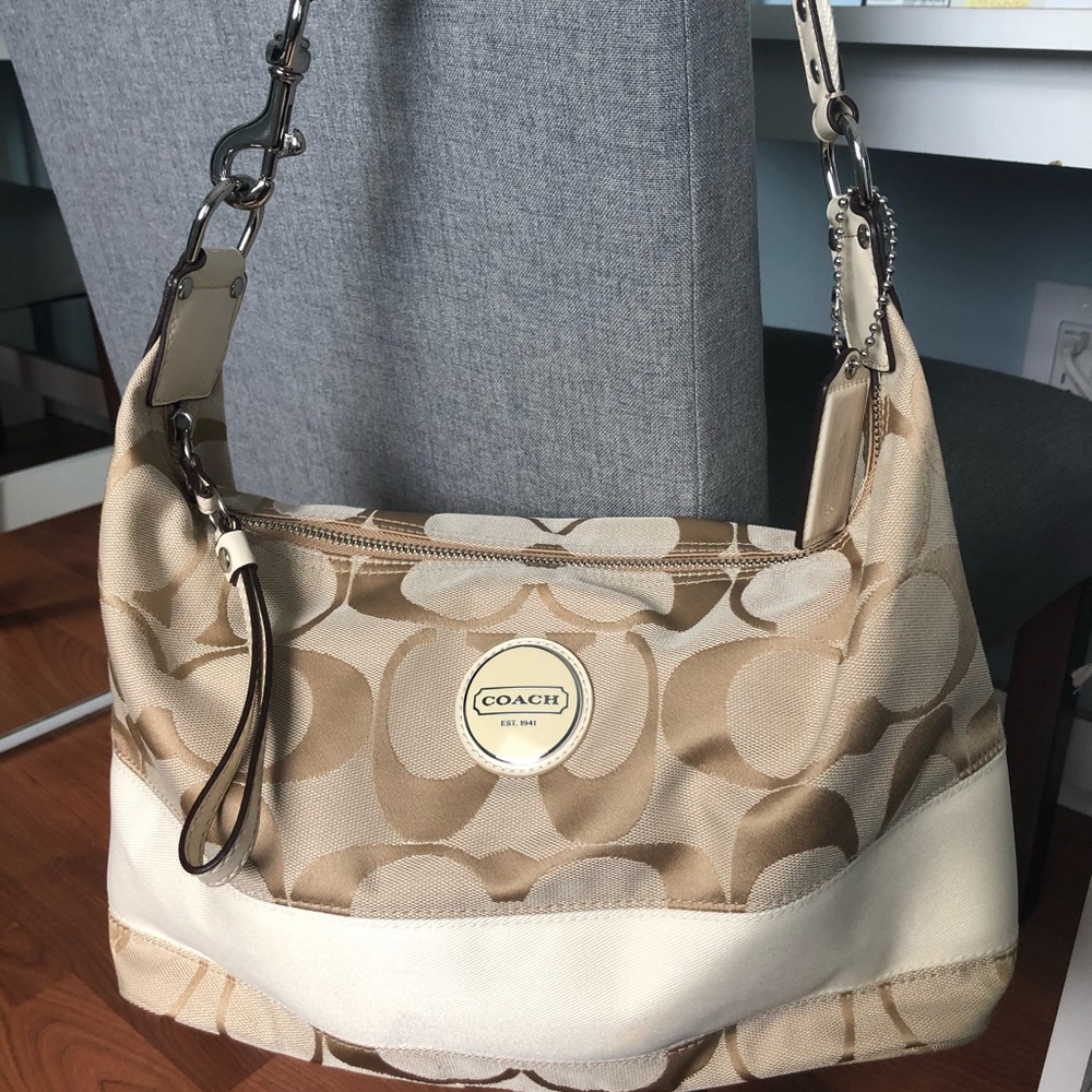 Coach cream canvas stripe signature purse